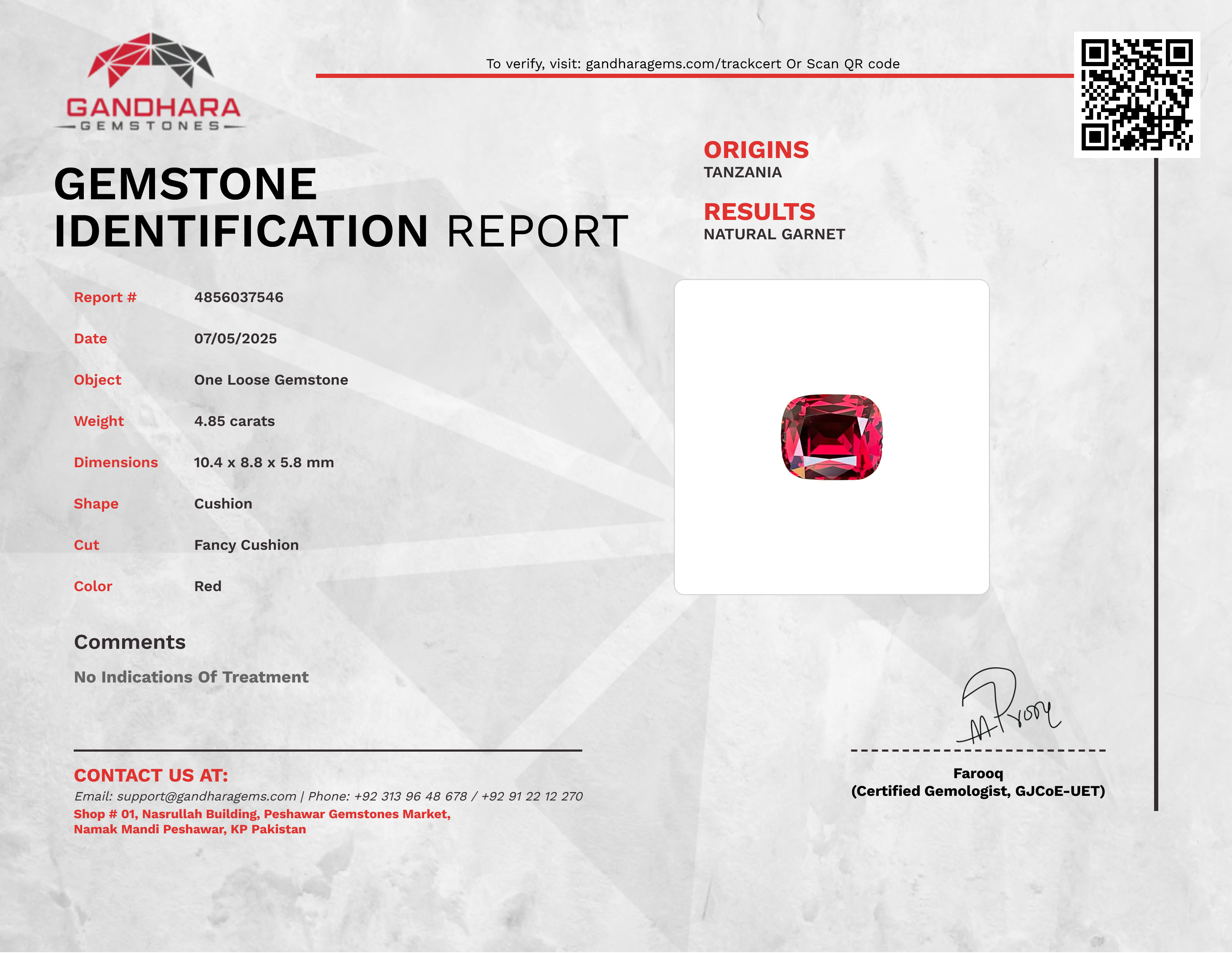 4.85 Carats Red Tanzanian Garnet Stone