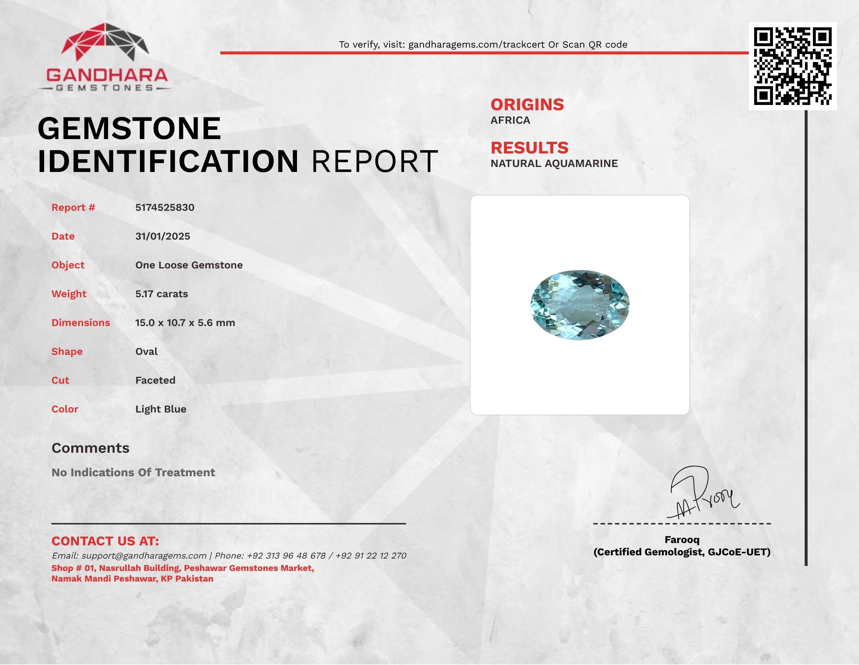 5.17 Carats Blue Aquamarine Oval Stone