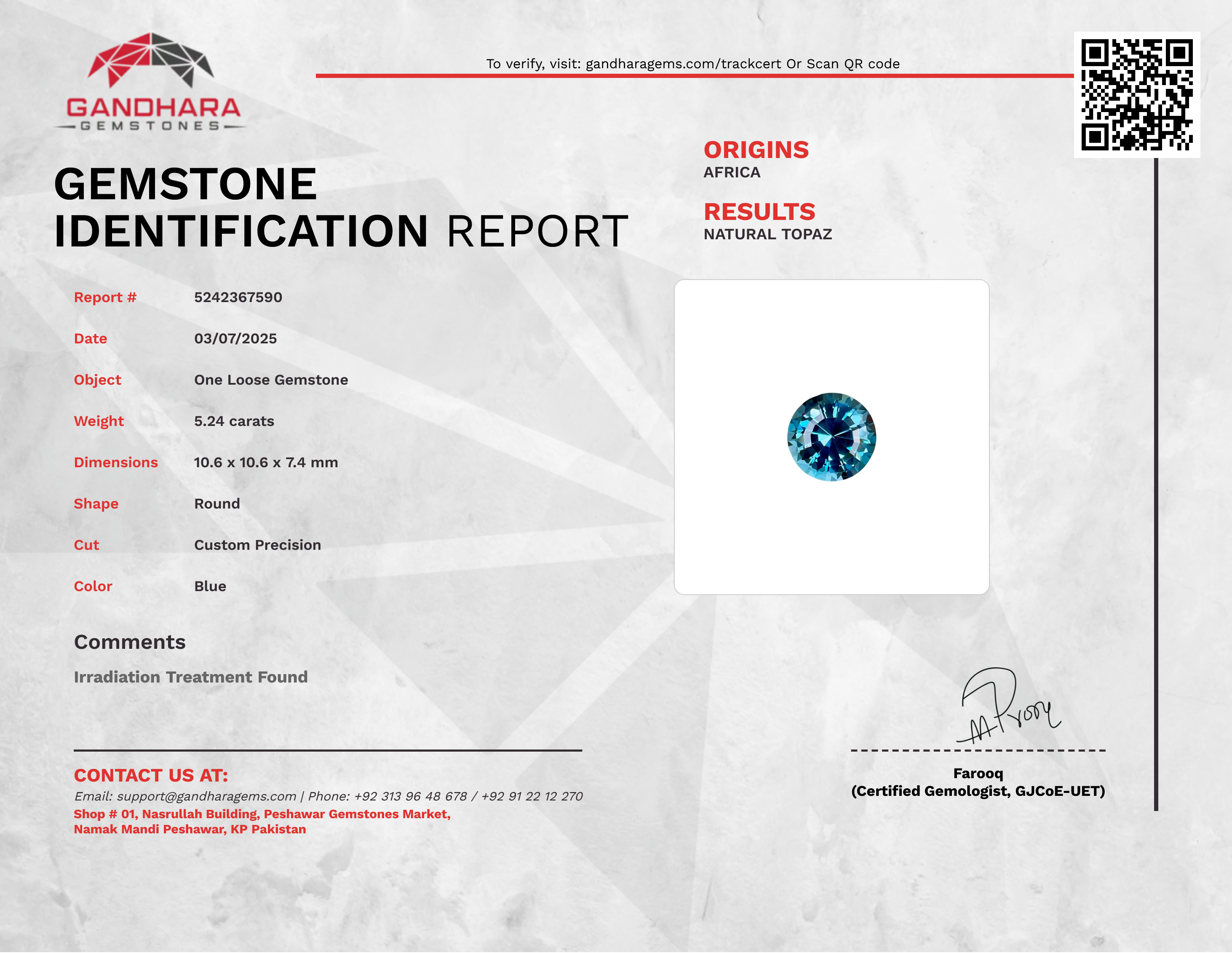5.24 Carats London Blue Topaz Stone