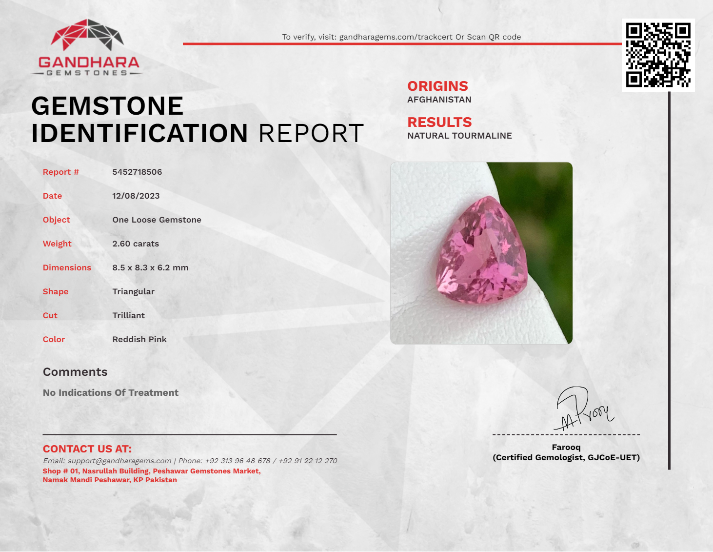 Exceptional Reddish Pink Tourmaline 2.60 carats Trilliant Cut Loose Afghani Gemstone