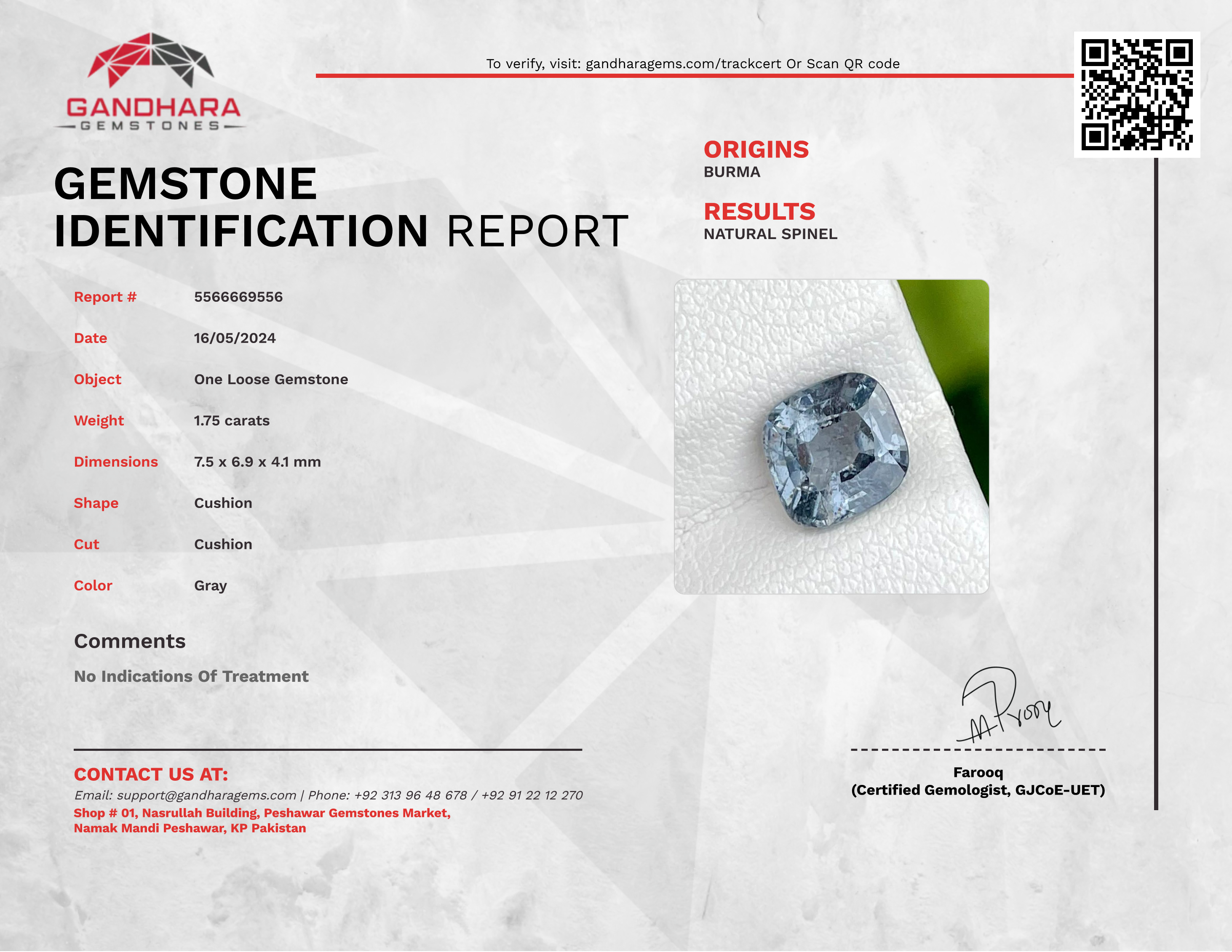 1.75 Carats Bluish Gray Burmese Spinel