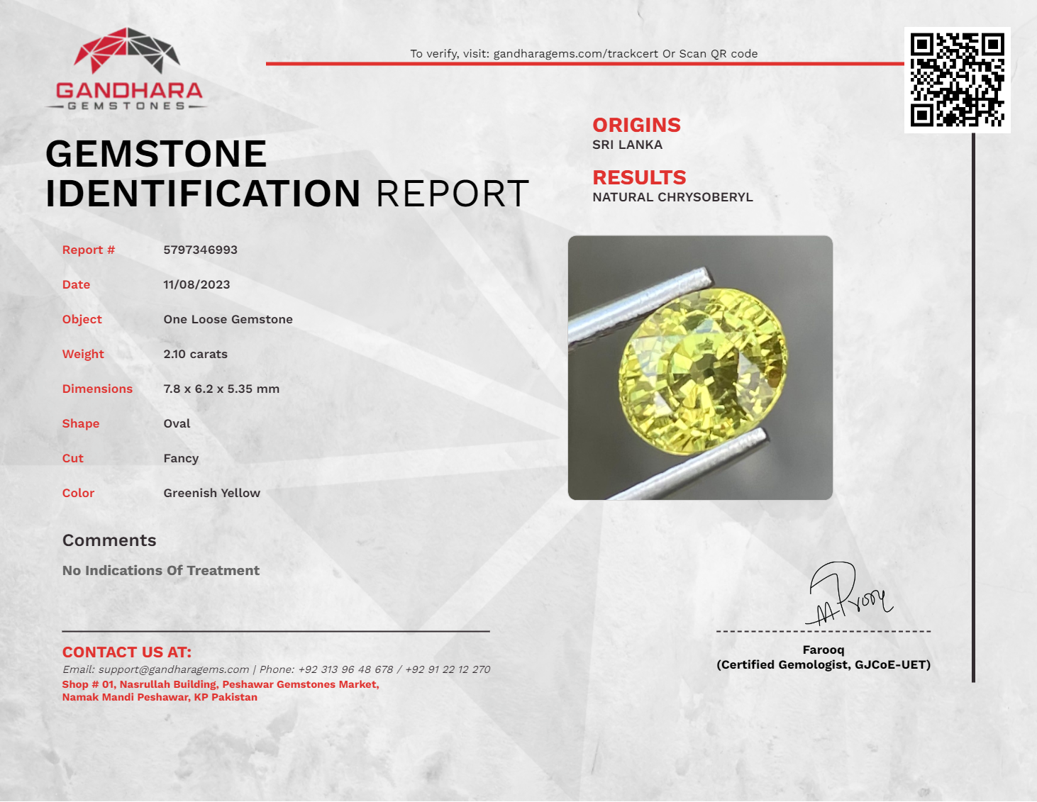 2.10 Carats Greenish Yellow Chrysoberyl Oval Shape Natural Sri Lankan Gemstone