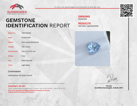 Scintillating Pear Cut Aquamarine 1.85 carats Loose Natural Pakistani Gemstone