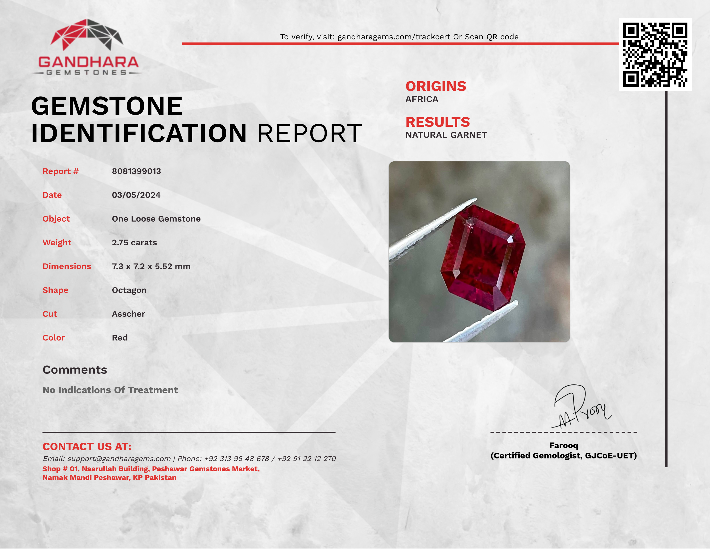 2.75 Carats Red Asscher Garnet Stone