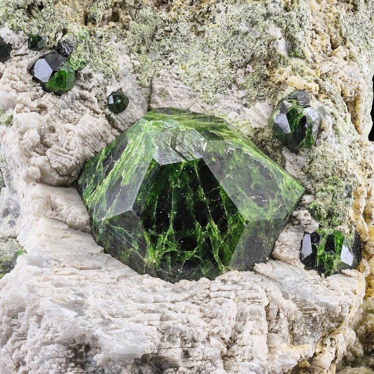 Demantoid Green Garnet on Calcite