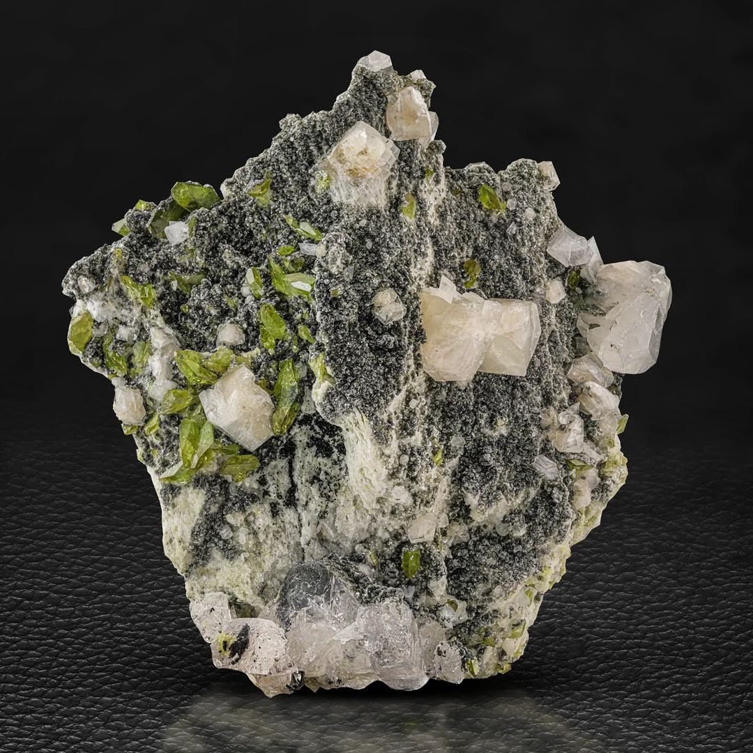 Green Titanite Crystals with Calcite