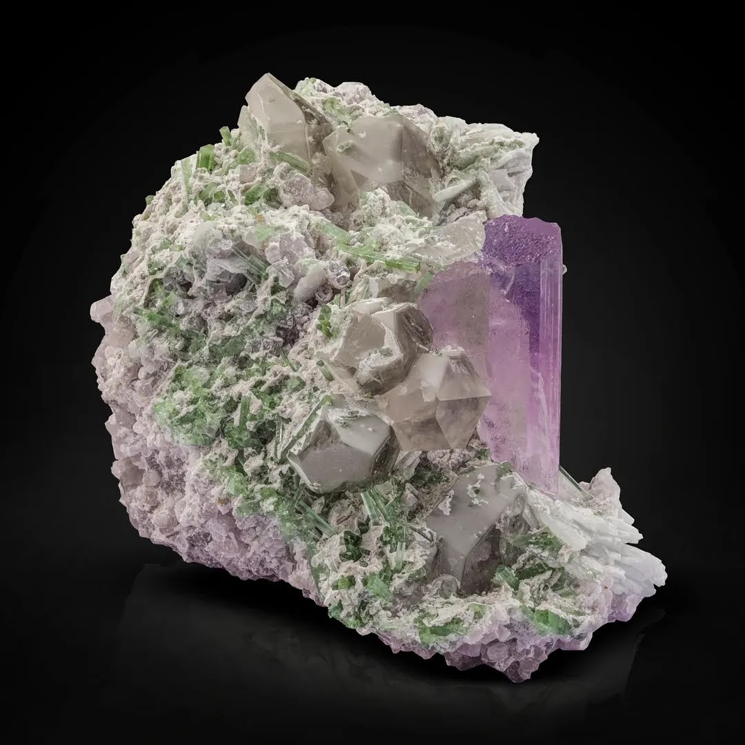Pink Kunzite on Albite with Tourmaline