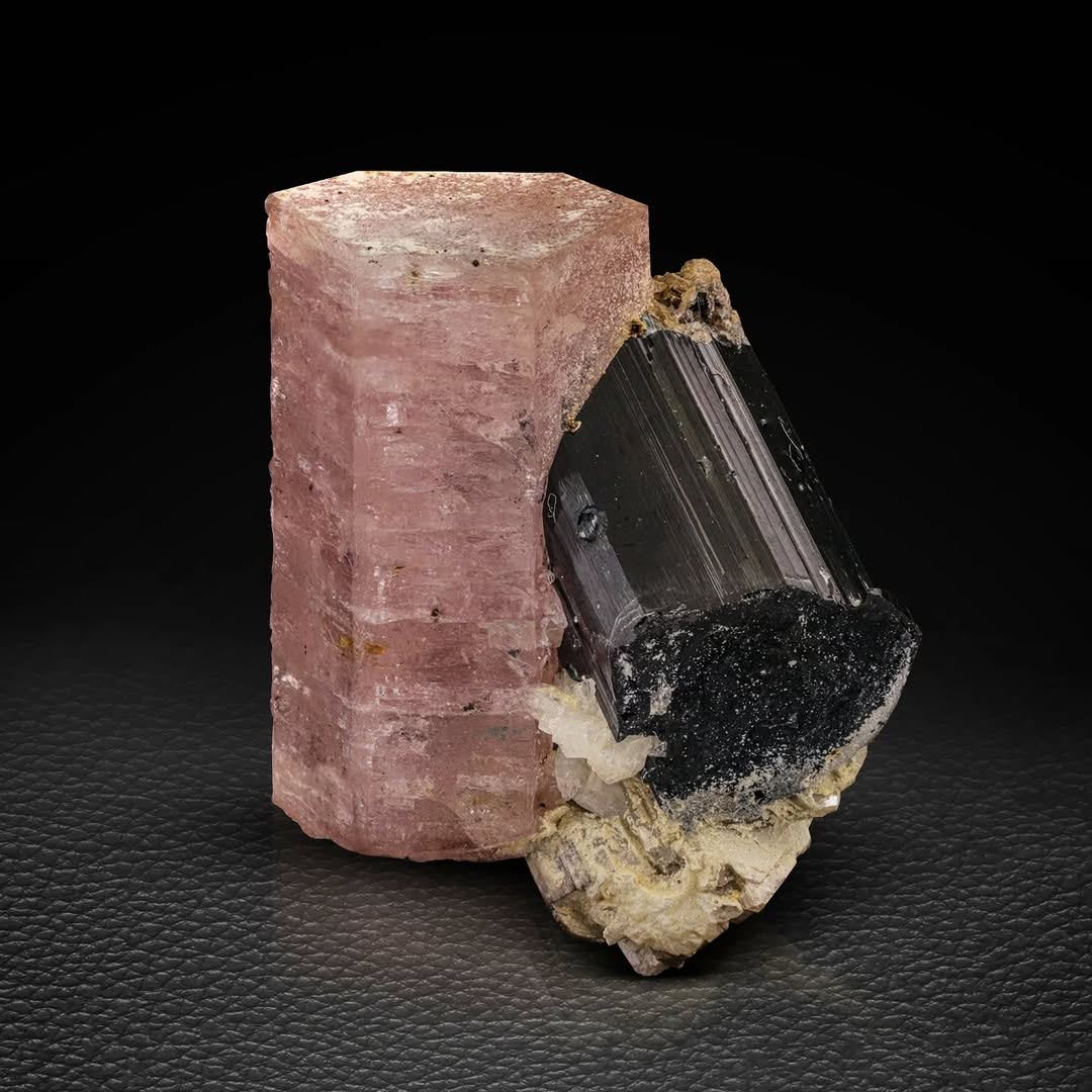 Pink Apatite on Schorl with Albite