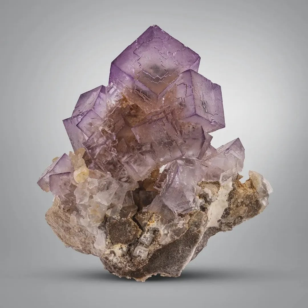 Purple Fluorite Crystals On Calcite