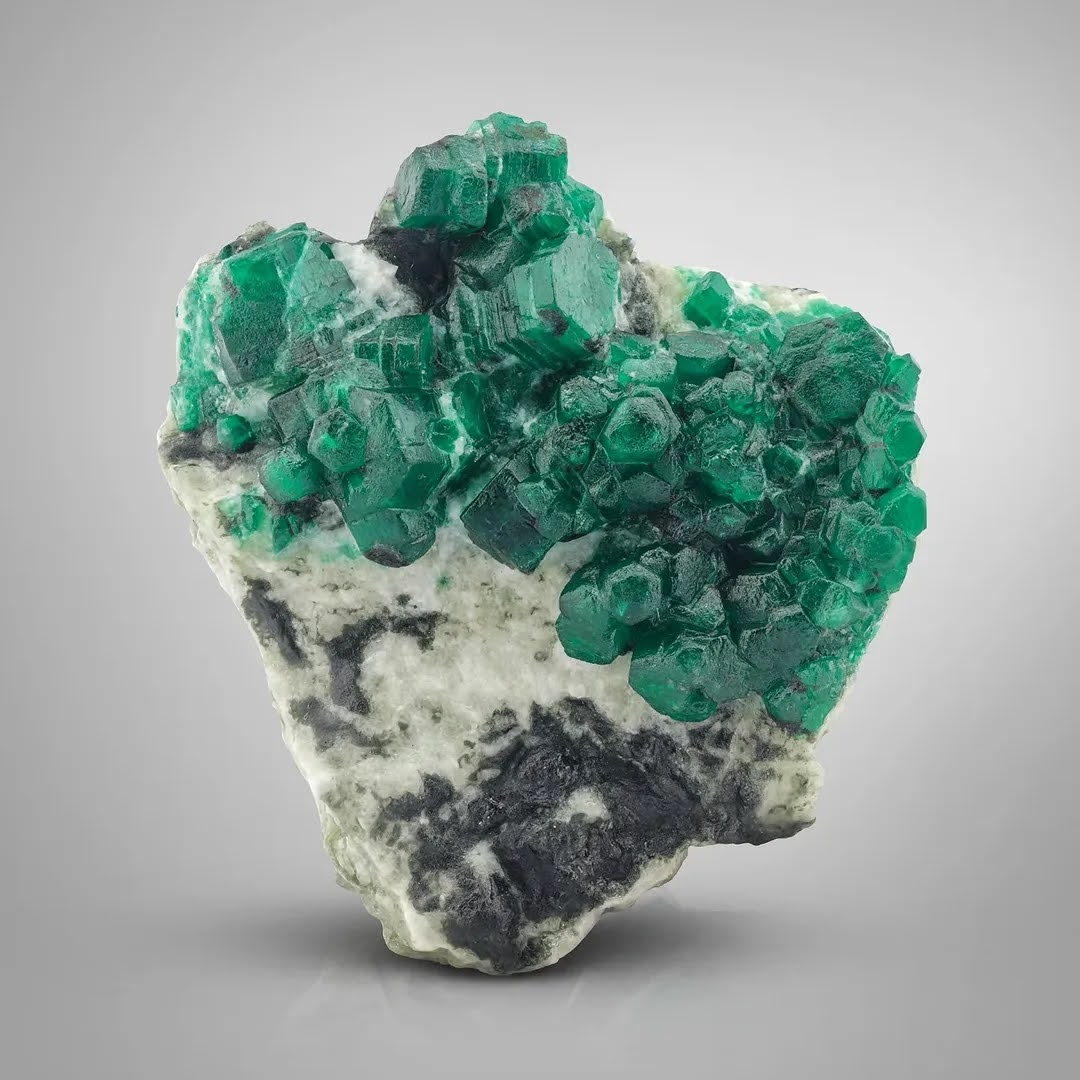  Deep Green Emerald Crystals on Calcite 