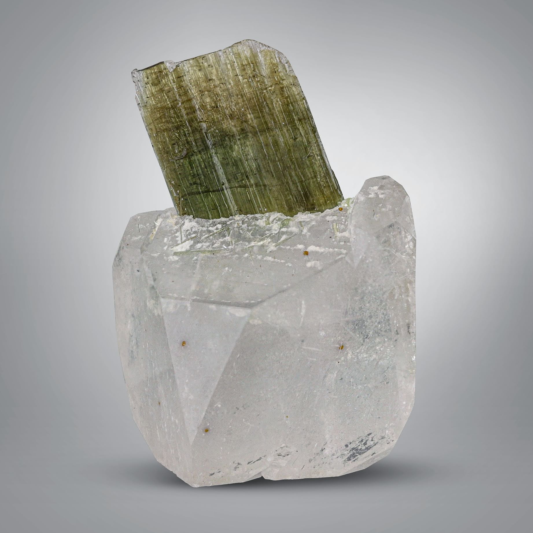 Green Tourmaline On Clear Topaz