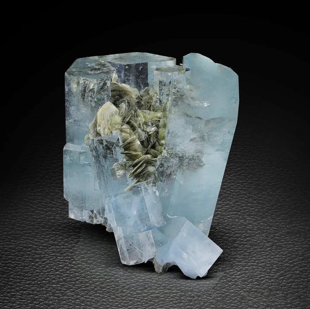 Blue Aquamarine Crystals On Muscovite