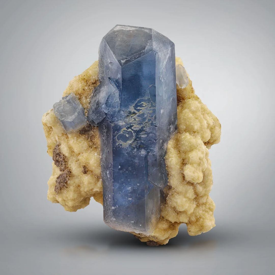 Blue Celestite Crystals with Calcite