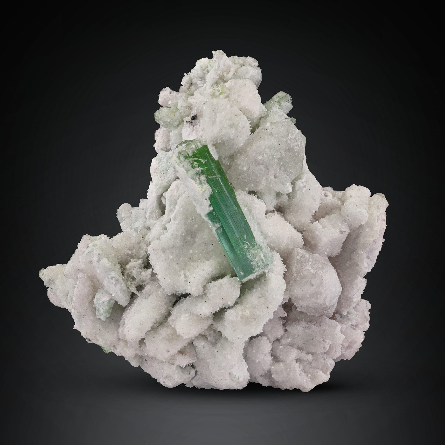 Green Tourmaline On White Lepidolite