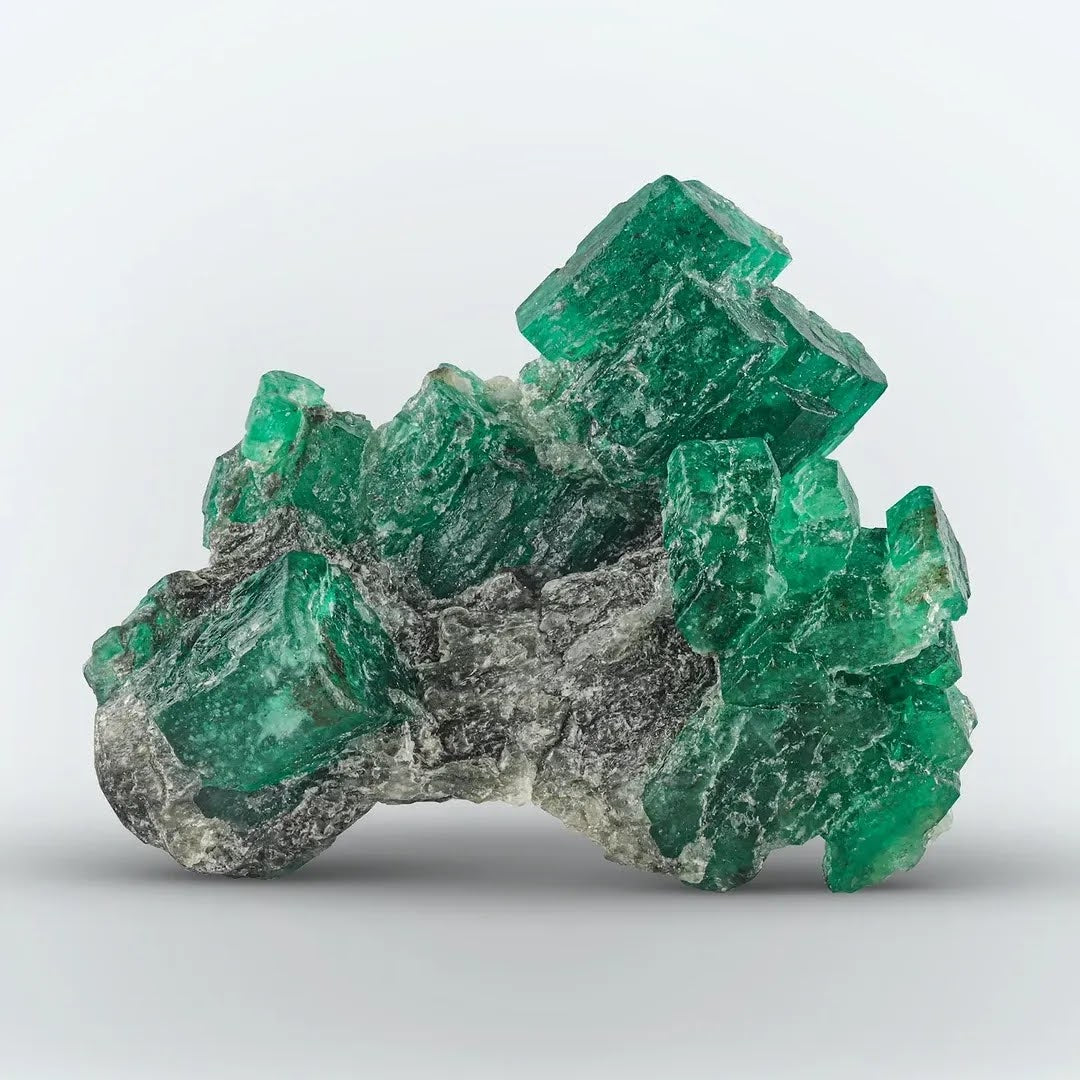 Green Emerald Crystals on Calcite