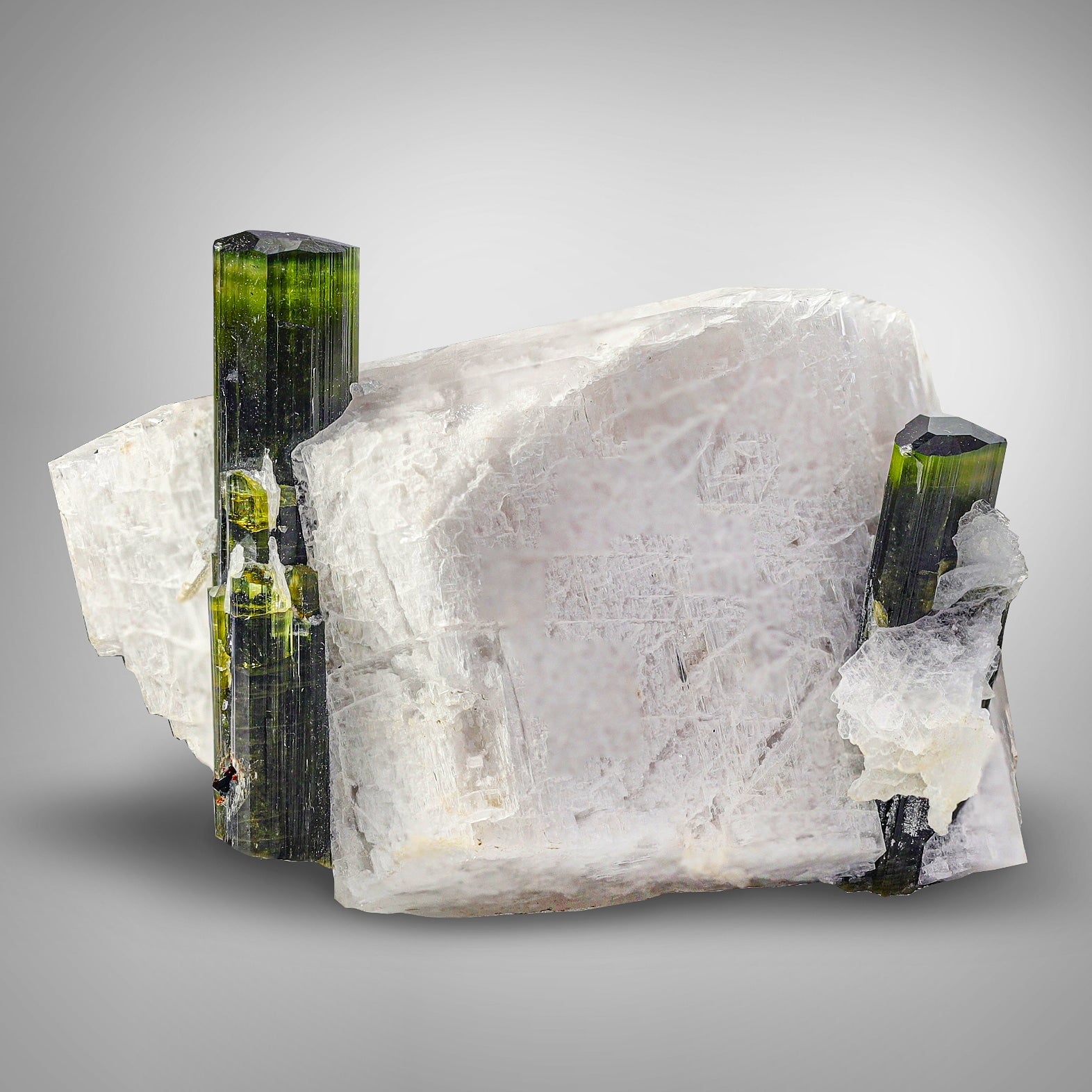 Vivid Green Cap Tourmaline Crystals on Microcline Feldspar