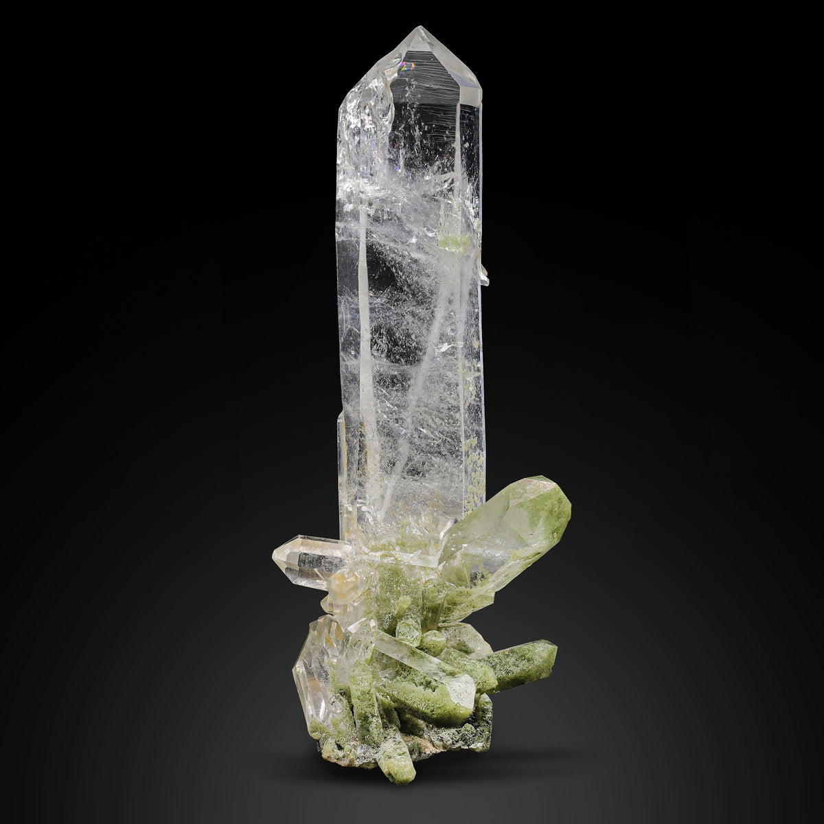 Pointed Elongated Quartz Crystal with Chlorite Quartz Cluster
