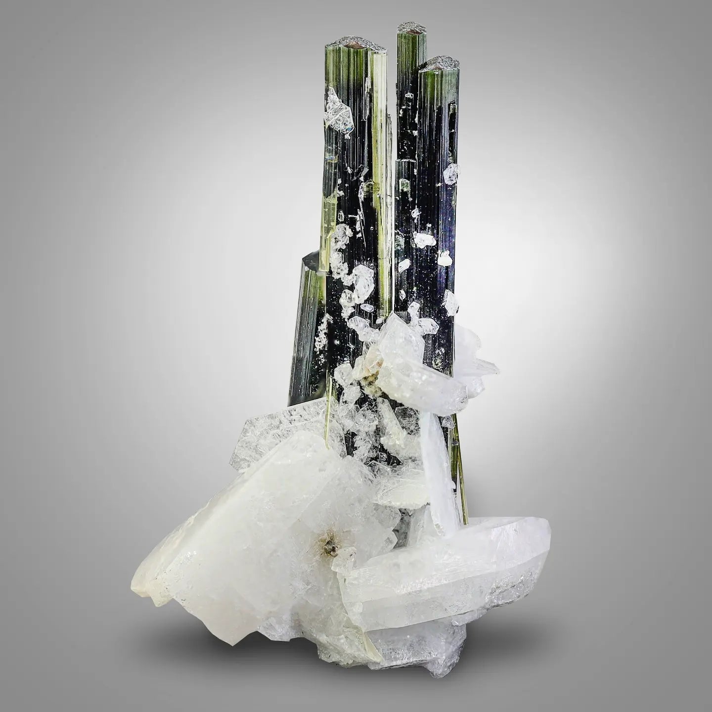 Glittering Green Cap Tourmaline Crystal Cluster on on Albite Matrix from Pakistan