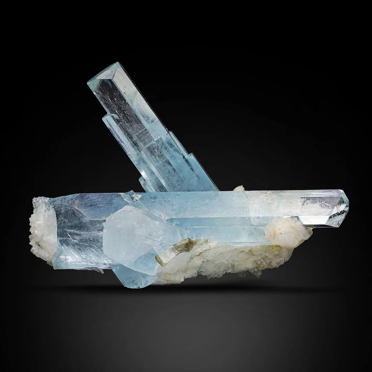 aggregate of gem blue Aquamarine crystals on Albite From Pakistan