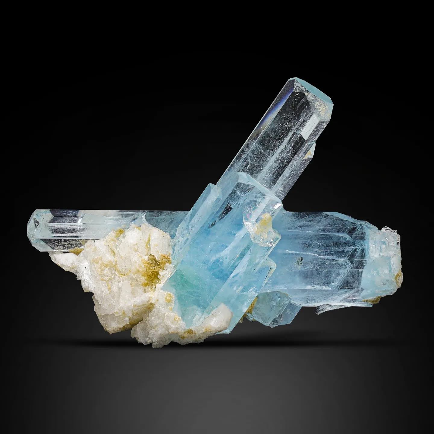 aggregate of gem blue Aquamarine crystals on Albite From Pakistan