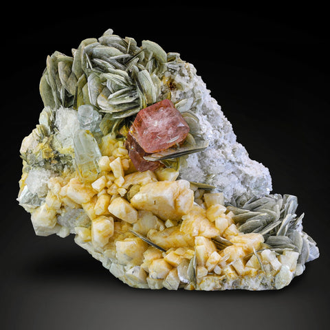 Pink Apatite crystal on Albite with Muscovite