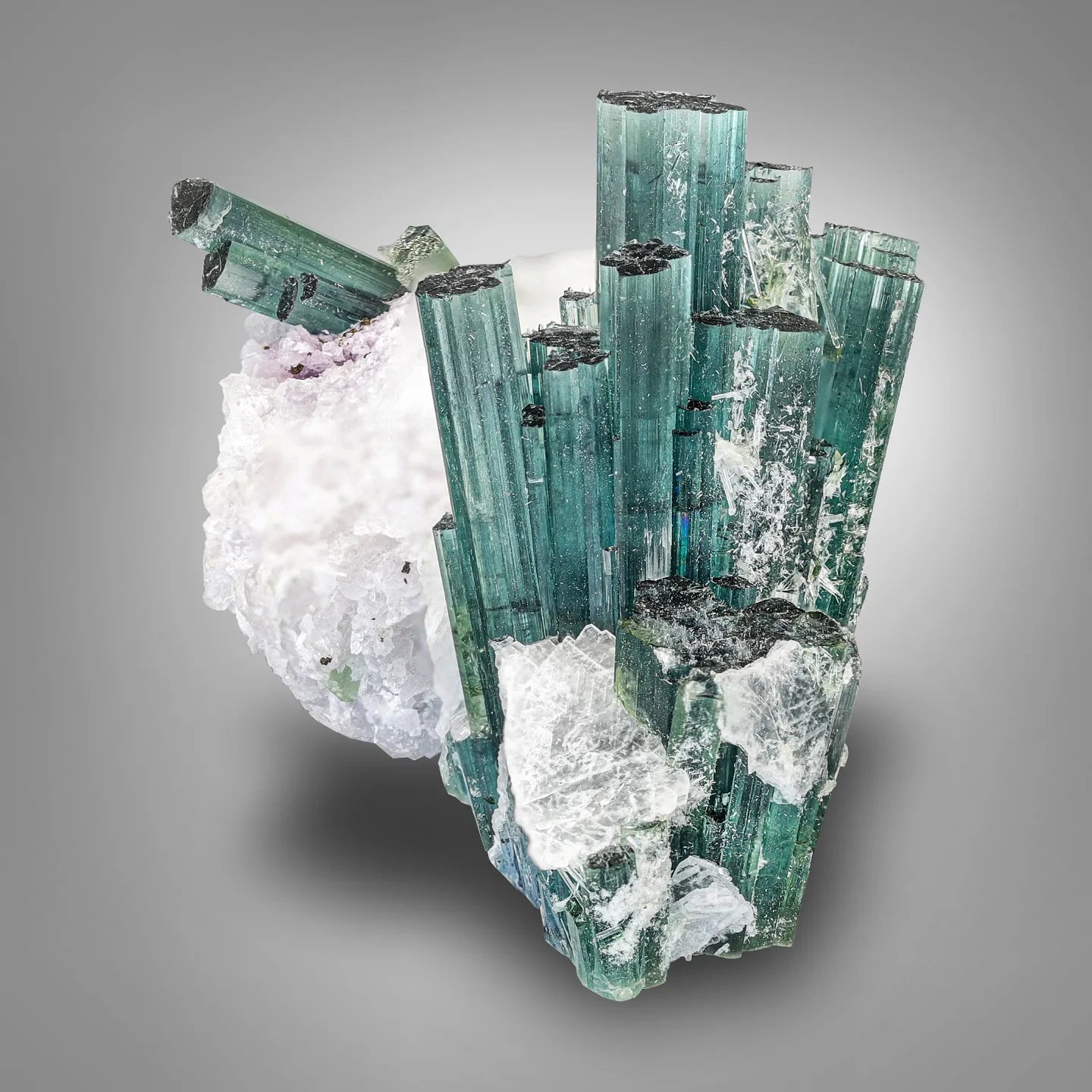 Robust Indicolite Blue Tourmaline crystal cluster on white Albite matrix from Kunnar, Afghanistan