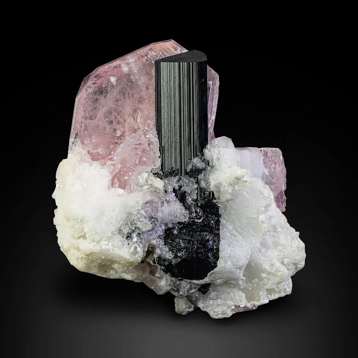 Fabulous Eye-catching Pink Tabular Apatite with Schorl on White Albite from Pakistan