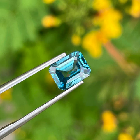 Organic Blue Zircon 3.05 carats Emerald Cut Natural Cambodian Gemstone
