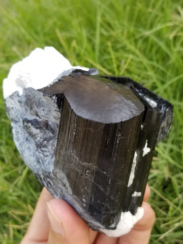 Beautiful Lustrous Black Tourmaline Crystal with feldspar