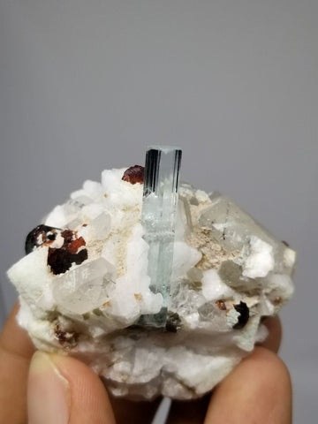 Beautiful Aquamarine Crystal on Albite with Spessartite Garnet and Quartz