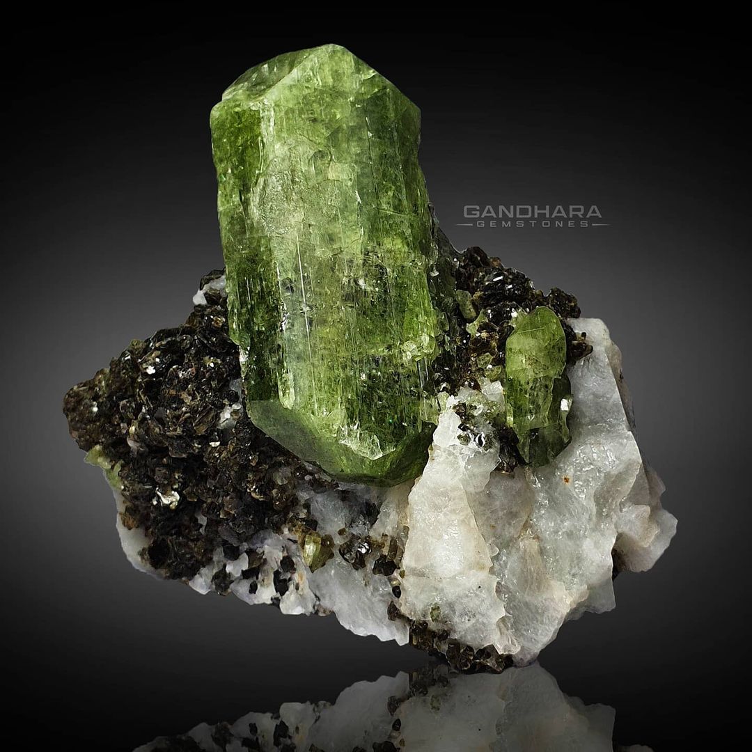 Apple Green Diopside Crystal on Calcite with Muscovite