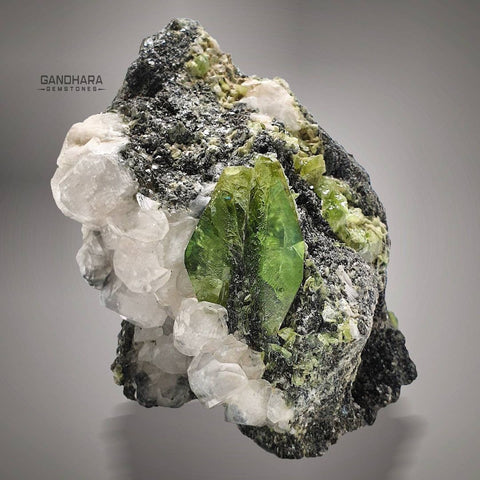 Apple Green Sphene Crystal on Matrix with Calcite