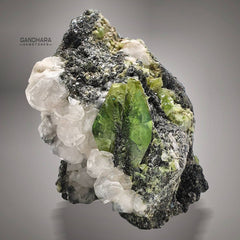 Apple Green Sphene Crystal on Matrix with Calcite