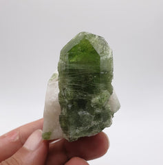 Apple-Green Gem Diopside Crystal On Creamy White Calcite