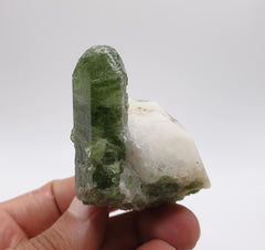 Apple-Green Gem Diopside Crystal On Creamy White Calcite