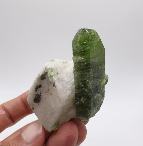 Apple-Green Gem Diopside Crystal On Creamy White Calcite