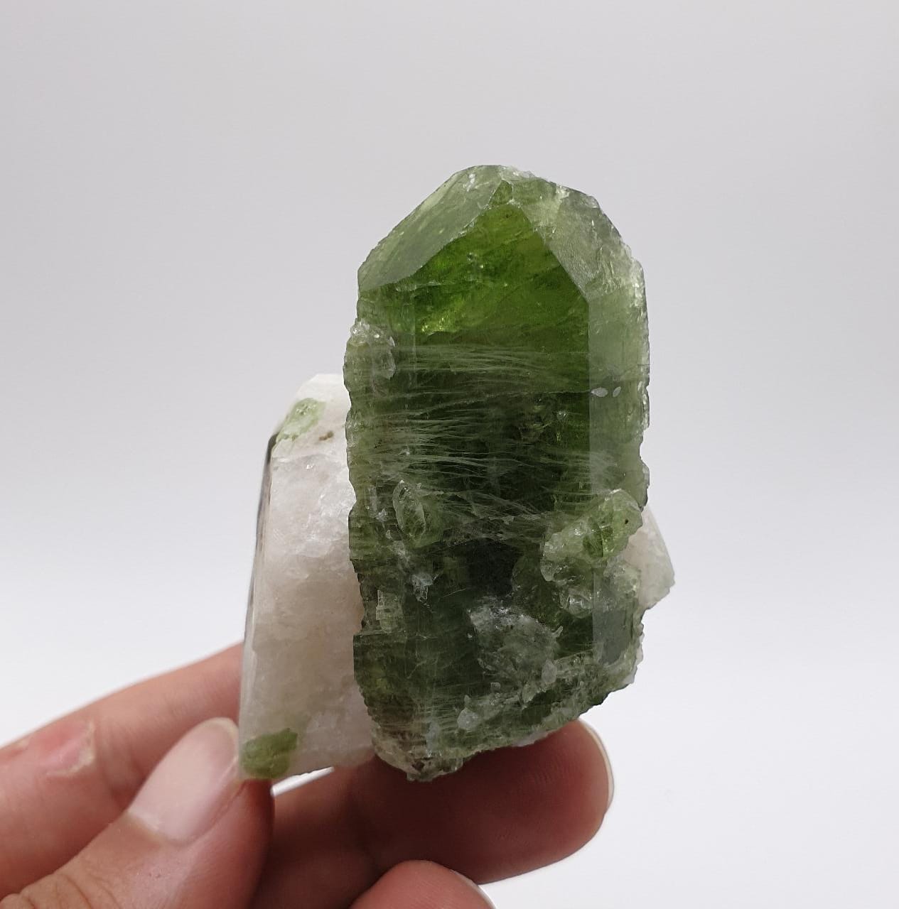 Apple-Green Gem Diopside Crystal On Creamy White Calcite
