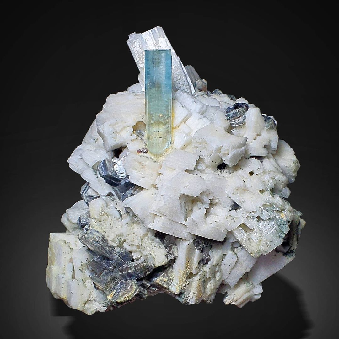 Aquamarine Crystal Perched on Albite with Muscovite