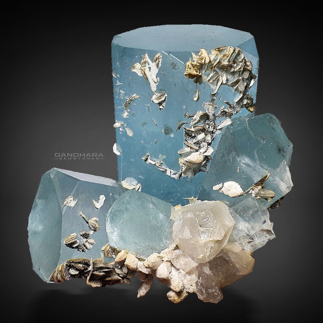 Aquamarine Crystals Cluster with Smokey Quartz