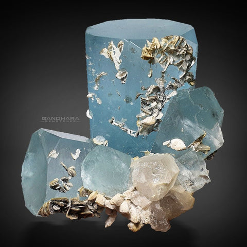 Aquamarine Crystals Cluster with Smokey Quartz