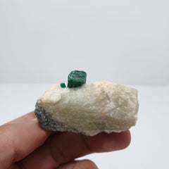 Elongated Focal Gem Emerald Crystal Nicely Positioned on Creamy White Calcite