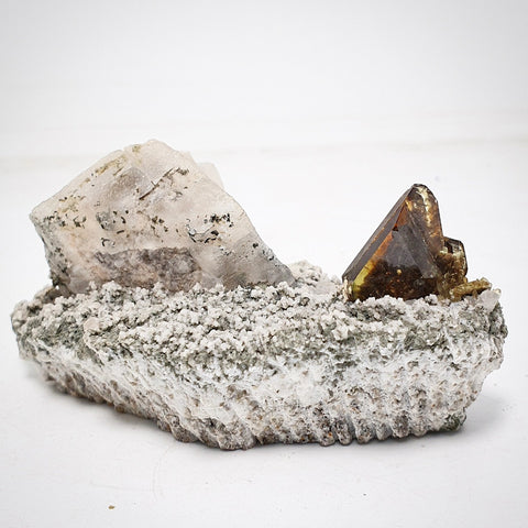 Gemmy Titanite Crystal with Calcite on Matrix