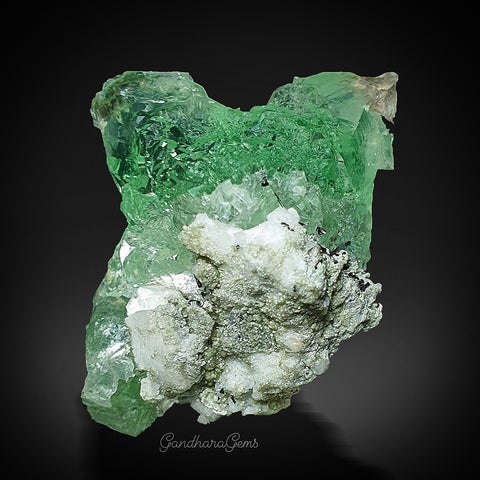 Gemmy Vibrant Green Fluorite Crystal on Albite