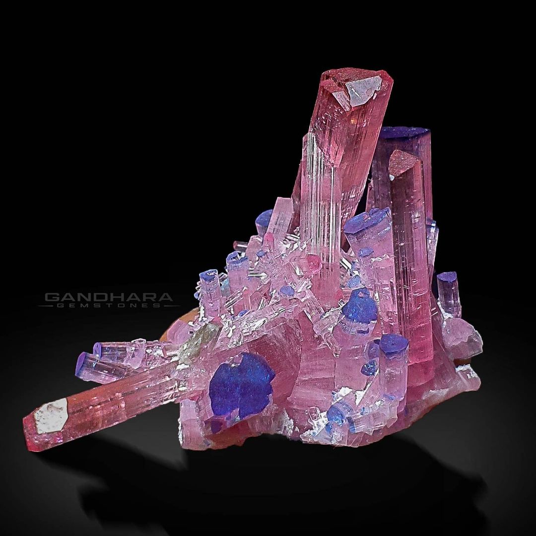 Gorgeous Vibrant Pink Tourmaline Cluster with Blue Tips