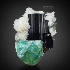 Green Fluorite with Black Tourmaline and Cleavelandite