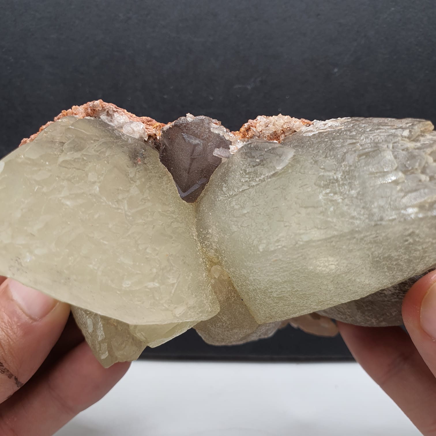 Lovely Butterfly Shape Twinned Calcite With Fluorite And Lemonite Matrix