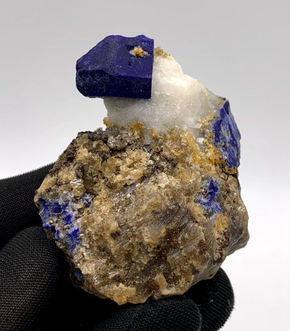 Lovely Lazurite Crystal Nicely Perched On Calcite With Pyrite