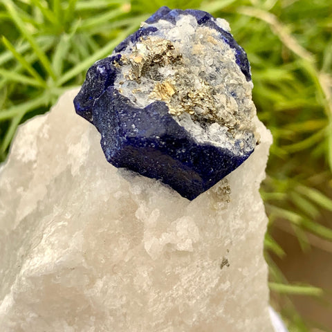 Lovely Lazurite Focal Single Crystal Nicely Perched On Calcite With Pyrite