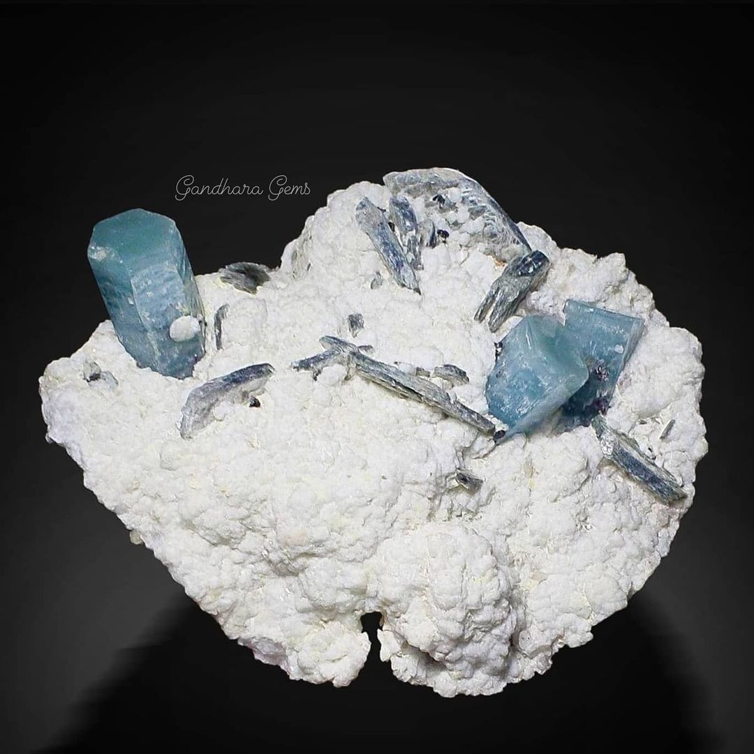 Milky Blue Aquamarine Crystals on Cleavelandite & Muscovite