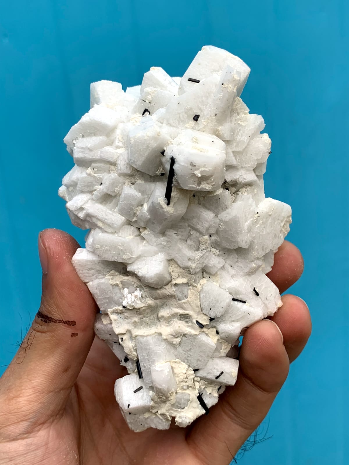 Milky White Aggregate Of Microcline Feldspar Crystals With Black Tourmaline